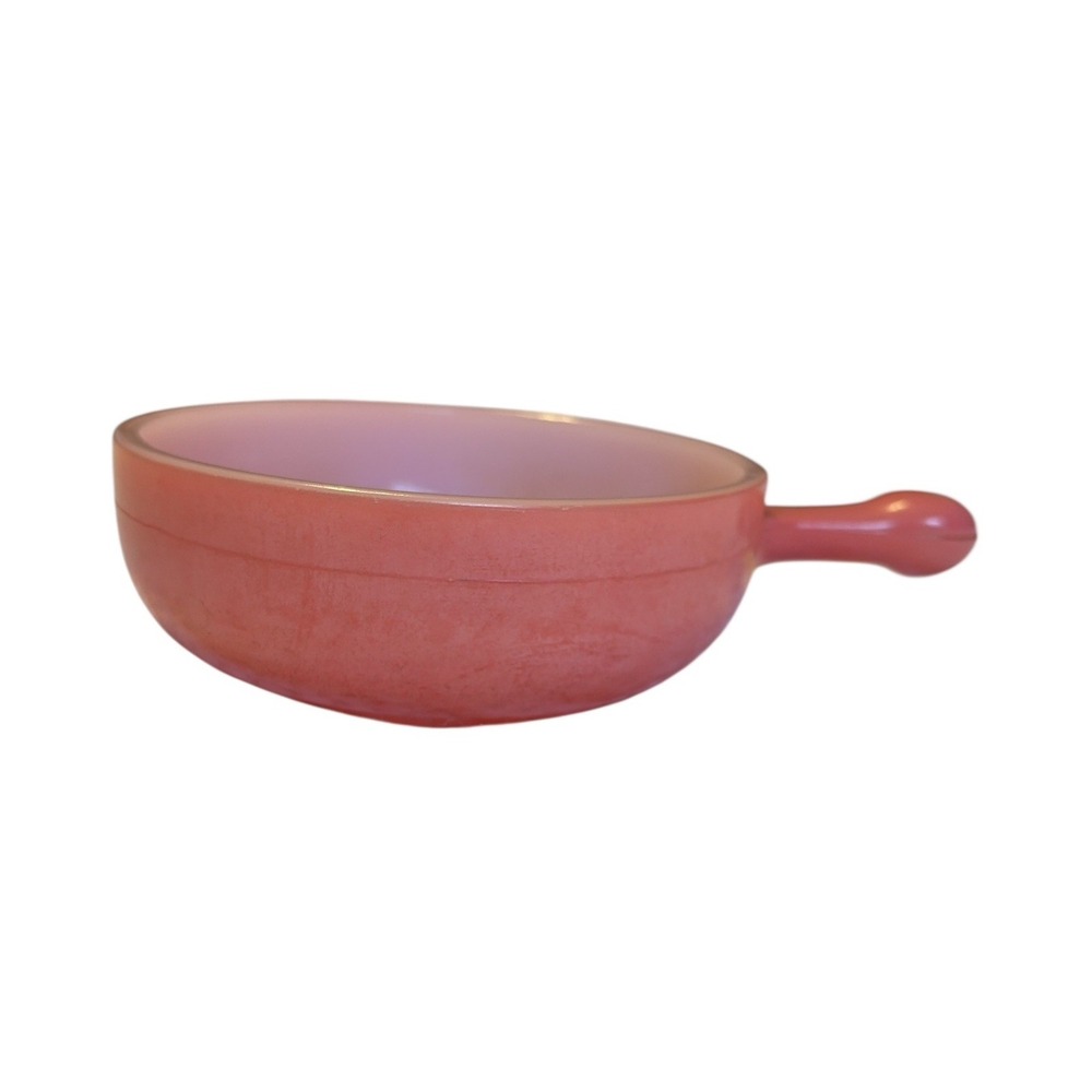 Vintage Glasbake  12 oz Chili Soup Bowl Lug Handle USA J-2057 pink/salmon